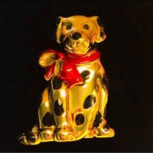 Vintage  Gold-tone Black Spotted Dalmation Dog w Red Enamel Bow sign Carolee